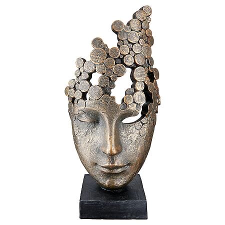 Poly-Skulptur "Female Mask" - Weibliches Gesicht im Antikfinish auf Sockel