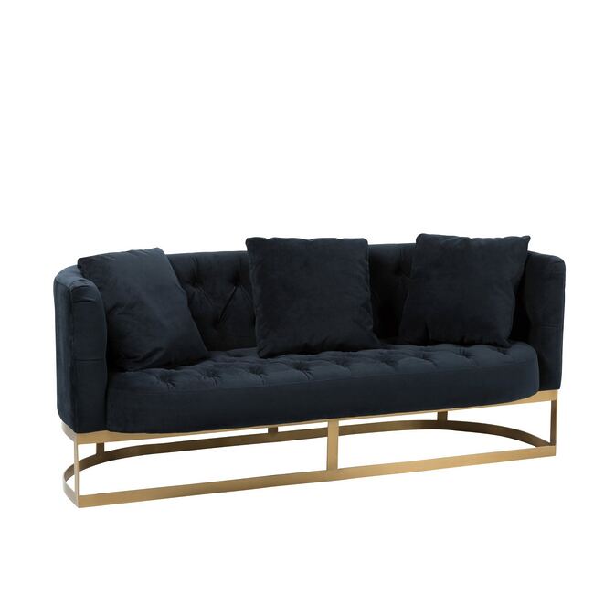 J-Line Luxuriöses 2-Sitzer Sofa mit Knopfheftung, schwarzer Veloursamtbezug und goldfarbenes Metallgestell (inkl. Kissen)