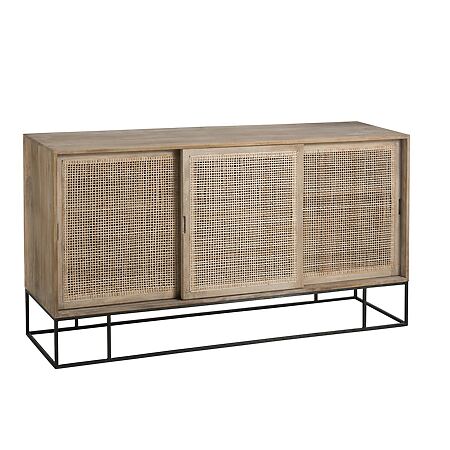 J-Line "Woven Reed" Kommodenschrank – 3 Schiebetüren – Mangoholz + Schilfrohr