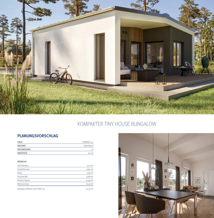 Planungsvorschlag für kompakten Tiny House Bungalow (41,75 m²) von Bien-Zenker