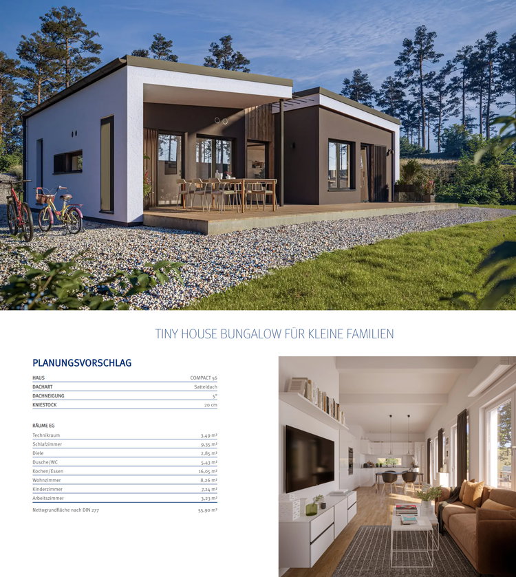 Planungsvorschlag für Tiny House Bungalow für kleine Familien (55,9 m²) von Bien-Zenker
