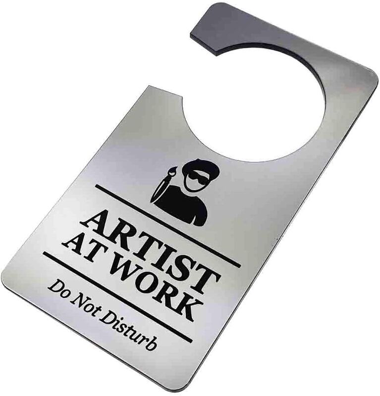 Door sign with inscription &quot;Artist at Work, do not Disturb&quot;, silver -colored