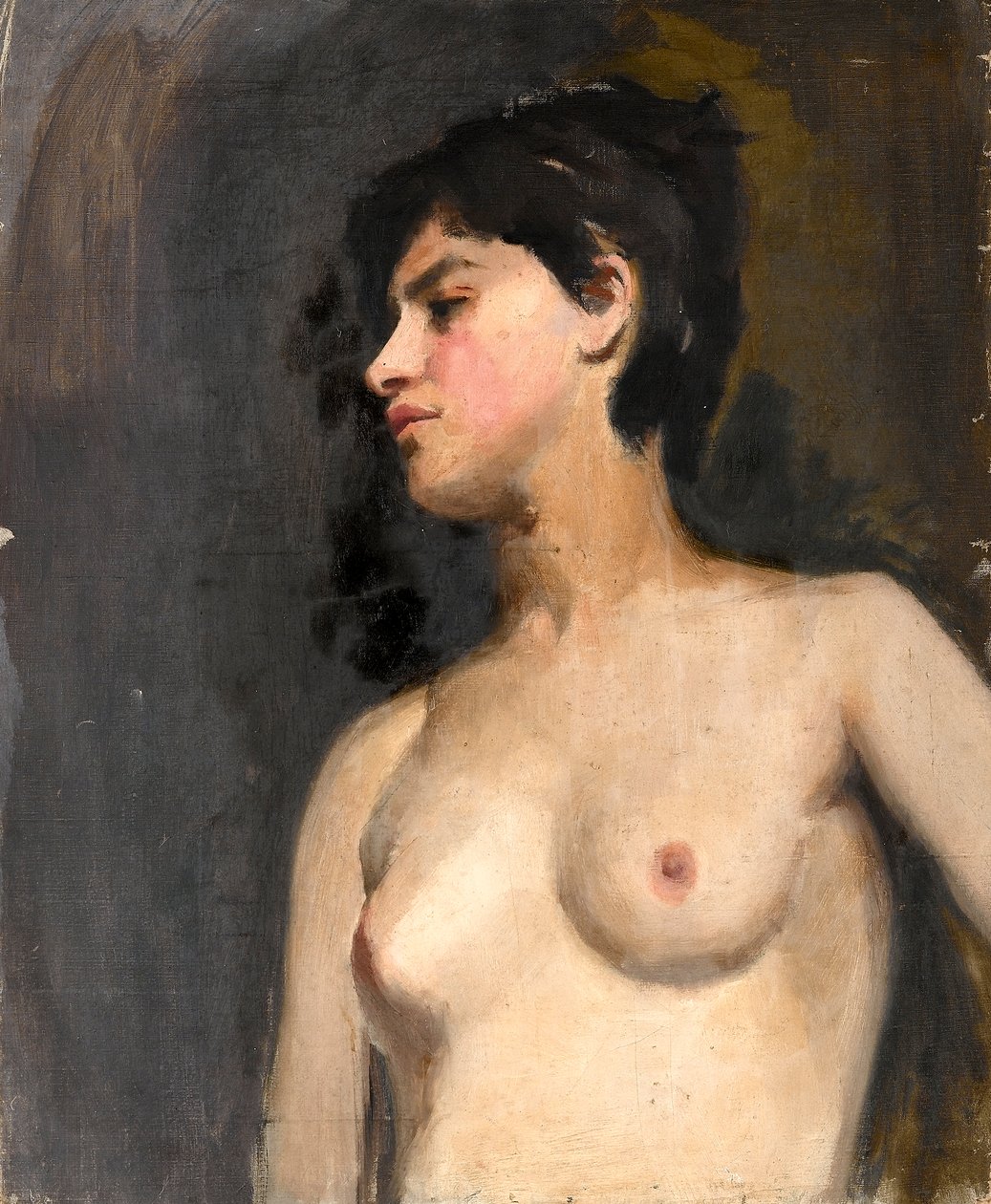 Weiblicher Halbakt. Schwarzer Hintergrund. Ca. 1880; von Albert de Belleroche (Öl auf Leinwand)