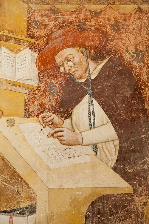 Portrait of Cardinal Hugo von Saint -chch (died 1263) by Tommaso da Modena, 1352, the first acquaintance (albeit anachronistic) representation of glasses in a painting (Ilardi, Vincent (2007) Renaissance Vision from Spectacles to Telescopes, Memoires of the American Philosophical Society, 259, 259, 259 American Philosophical Society, pp. 18–19)