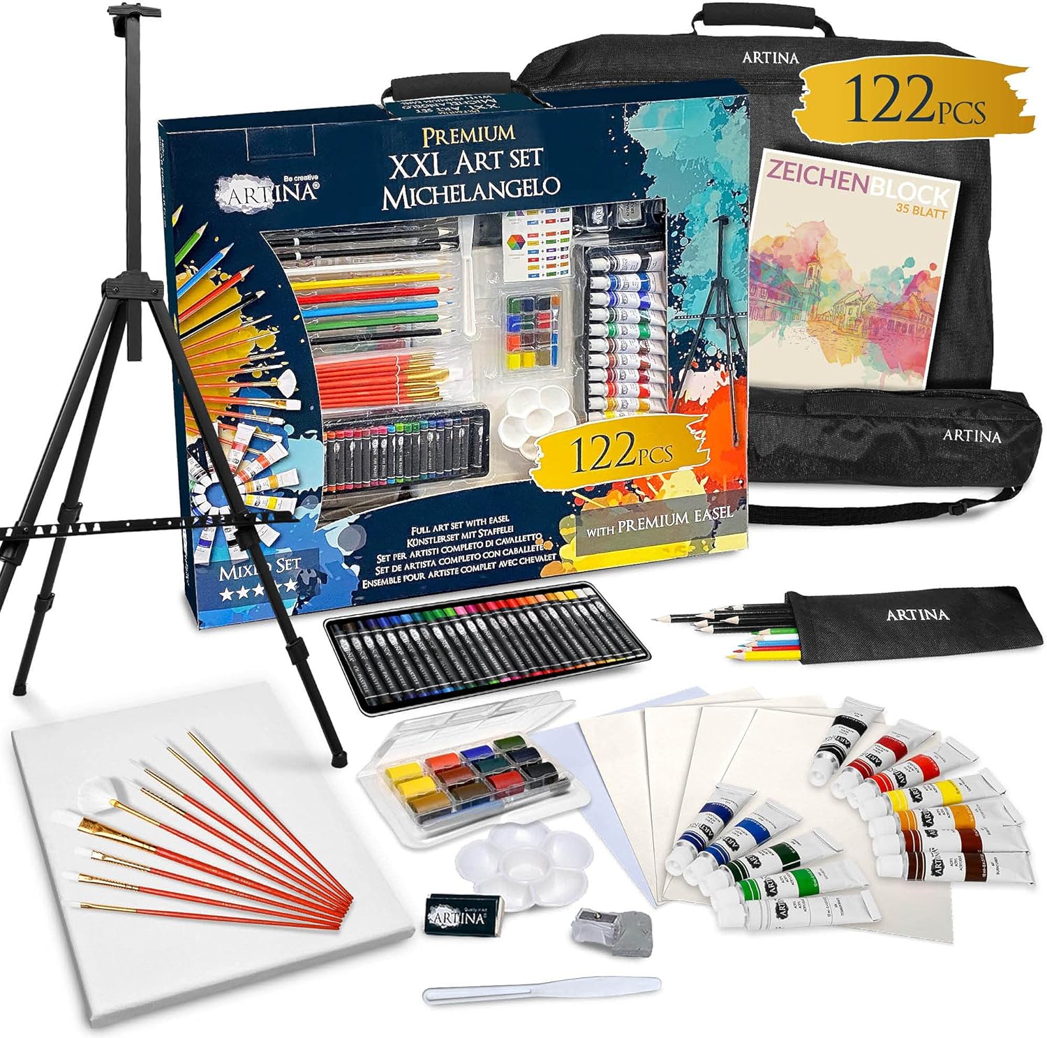 122tlg XXL Malset mit Staffelei von Artina Künstler Set & Zeichenset – Buntstifte, Leinwand, Pinselset, Wasserfarben, Pastellkreide – Großes Kreativ Set für alle Altersklassen.