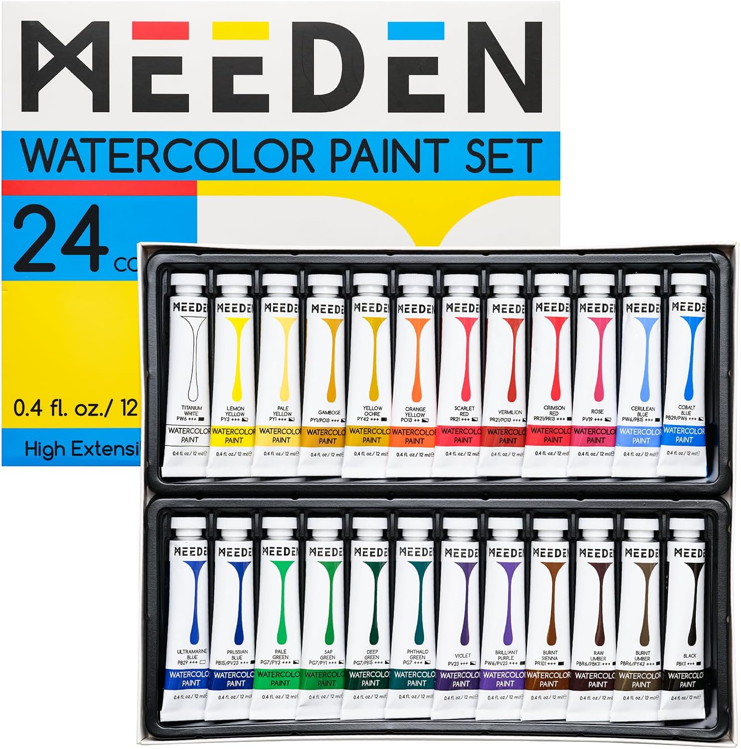 MEEDEN Aquarellfarben Tuben: Wasserfarben Set mit 24 Flüssige Farben/Tuben (0,4 oz/12 ml). Ungiftige Farben für Künstler.