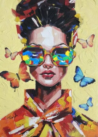 &quot;Woman with Glasses&quot; - colorful women&#39;s portrait of Trayko Popov, acrylic on canvas