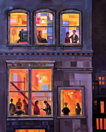 "Neighborhood” (2024) – Urban Art Gemälde von Trayko Popov, Acryl auf Leinwand