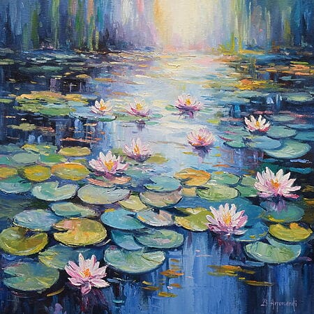 Impressionistische Ölmalerei „Water Lilies Pond Dreamscape“ (2024) von Behshad Arjomandi